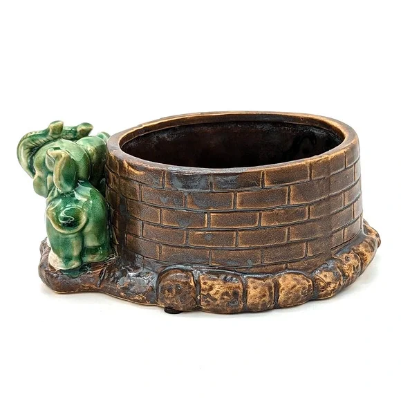 Vintage Majolica Lucky Elephant Planter Two Green Elephants Trunks Up China - Picture 8 of 12
